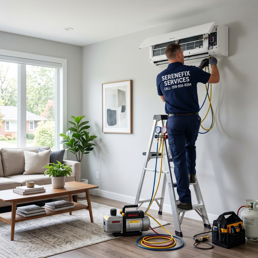 Professional AC technician in a navy blue SereneFix Services uniform installing a white split-system air conditioner in a modern Madinah home using expert diagnostic tools.