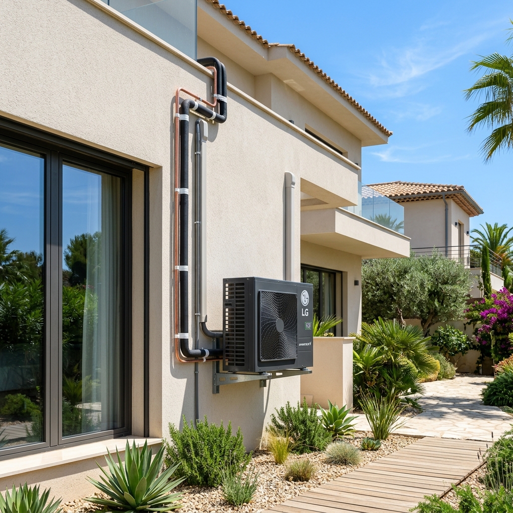 A collage-style layout featuring a professional photograph of multiple outdoor air conditioning condenser units installed on a wall, alongside three descriptive service panels highlighting comprehensive diagnostics, energy-efficient installations, and 24/7 emergency support for SereneFix Services in Madinah.